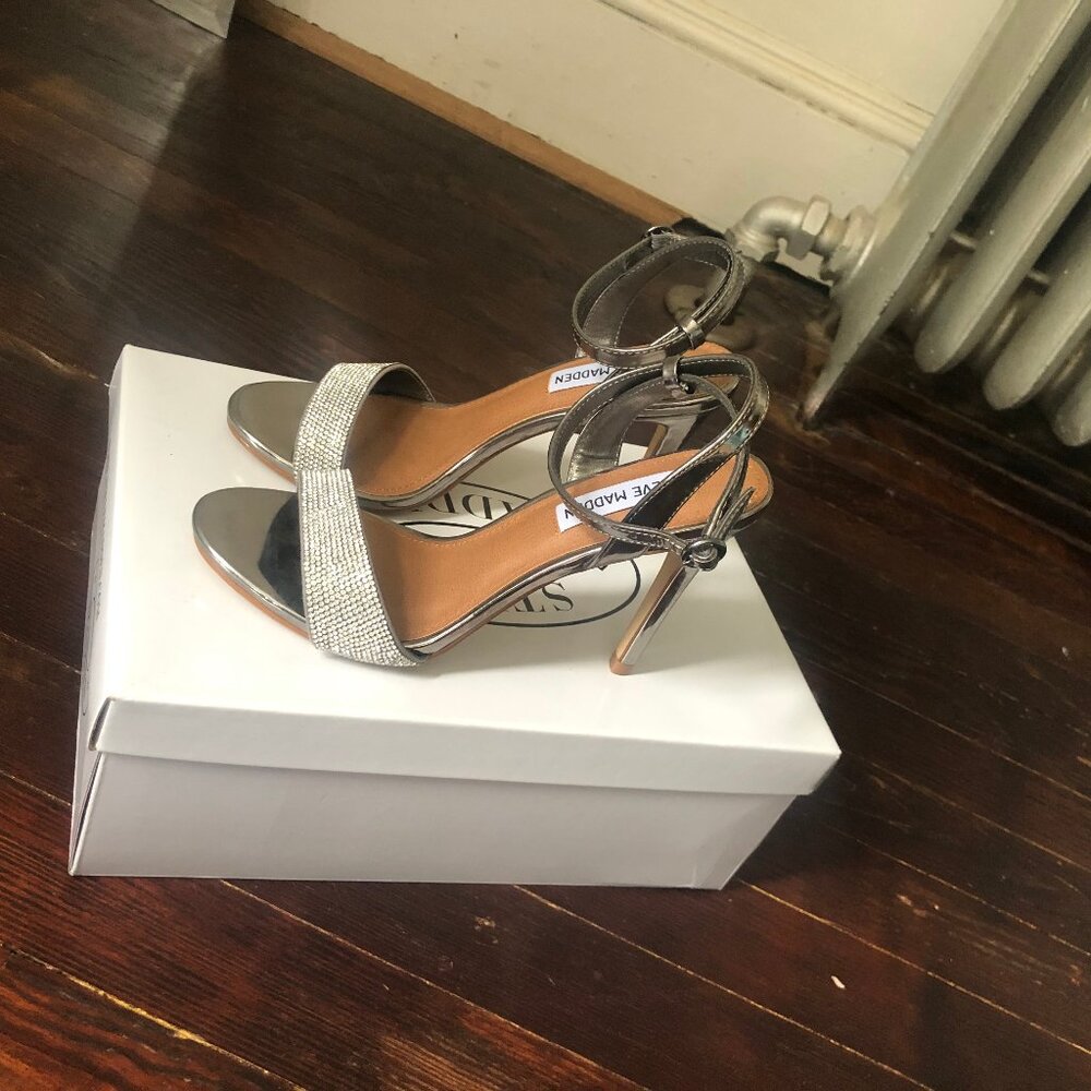 Steve Madden "Ritter" Pewter and Rhinestone Stiletto Sandals, Size 6.5, NWB - Picture 6 of 6